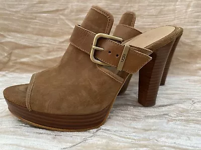 UGG Australia Women Open Toe Beige Camel Suede Mule Clogs Sherpa Heels  Size 7 • $38.95