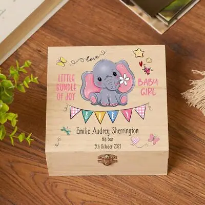 Personalised Wooden Baby Girl Keepsake Memory Box With Cute Elephant SHB-UV4 • £15.99