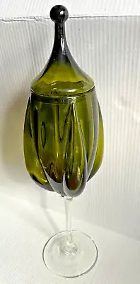 RARE 20  MCM Green & Clear Viking Style Lidded Bulbous Stem Glass Vase Jar • $49.95