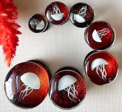 PAIR White Jellyfish Red Background Glass Double Flare Plugs Tunnel Gauges • $16.95