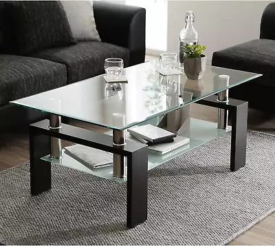 Glass Coffee Table Rectangle Modern Side Coffee Table With Lower Shelf Perfect • $151.99