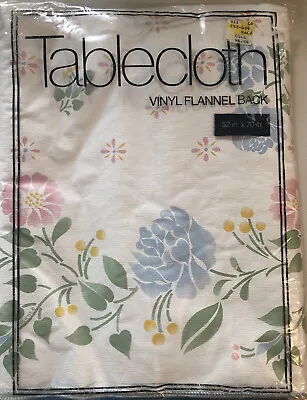 Vintage Vinyl Flannel Back Tablecloth Blue Pink Floral 52x70 Oblong Pastel NEW • $20