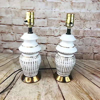 2 Vtg Asian Inspired Table Lamps  Porcelain / Ceramic White W Gold Working • $35.90