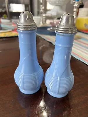 Vintage Jeannette Delphite Blue Milk Glass Basket Weave Salt And Pepper Shakers • $13.99