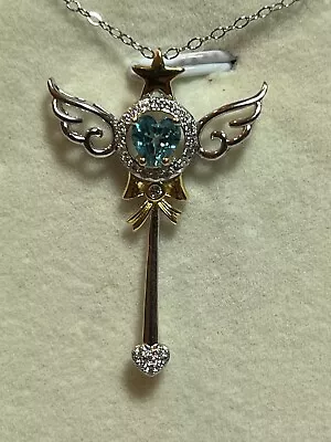 925 Sterling Silver Swiss Blue Topaz Heart Zirconia Diamond Angel Wings Pendant • $19.99