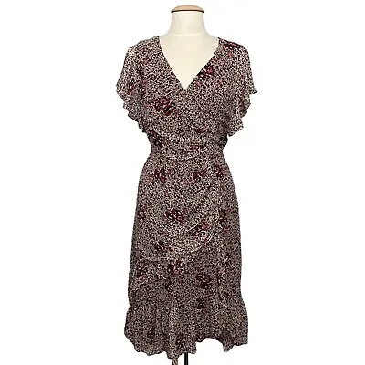 Shoshanna Womens Dress 8 Elnora Burgundy Silk Floral Metallic Ruched Ruffle Midi • $67.49