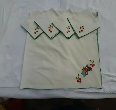 Vintage Cotton Tablecloth Cross Stitich Basket And Fruit W 4 Napkins Set 34 X32  • $12.95