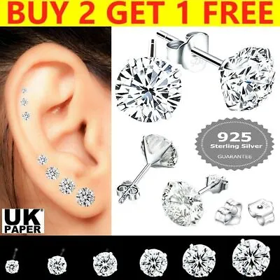 Genuine 925 Sterling Silver Cubic Zirconia Stud Earrings Small Round CZ Set Pack • £2.79