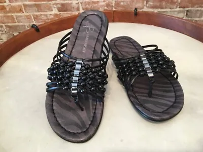 B Makowsky Nils Black Strappy Leather Beaded Flip Flops Thong Sandals New • $19.95