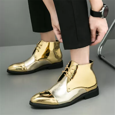 Mens Lace Up High Top Pointed Toe MaleChelsea Shoes Patent Leather Ankle Boots • $54.82