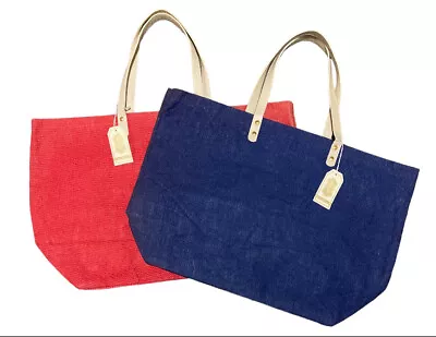 Jute Large Tote Carry All Bag With Brass Rivets Faux Leather Handles By Mud Pie • $14.95