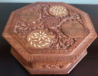 Vtg Hand Carved Flower Wood Box Jewelry Trinket Box Octagon Hinged Artist Signed • $19.99