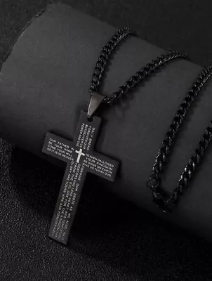 Men Women Stainless Steel Cross Necklace Our Lords Prayer Engraved Pendant Black • $7.98