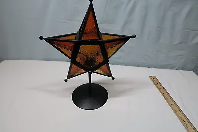 Amber Stained Glass Metal Star Tea Light Candle Holder With Stand 12  Tall • $22.99