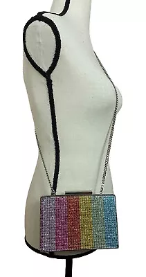 $17.95 • Buy Zara Rainbow Rhinestone Square Purse Silver Metal Chain Strap Evening Clutch