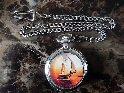 Yacht Sail Boat Chrome Pocket Watch With Chain (new) • $18.66