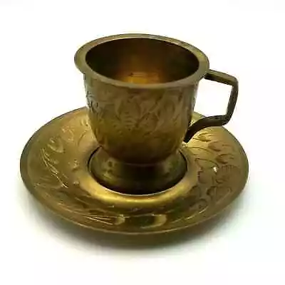 Vintage Miniature Brass Cup And Saucer Etched Leaf Pattern By Sarna India 2x3.5  • $11.95