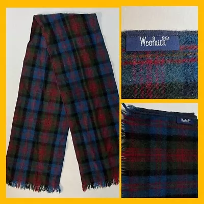 Vintage Woolrich 100% Wool Scarf Navy Black Red Gold Green Plaid Fringe EUC • $12.99