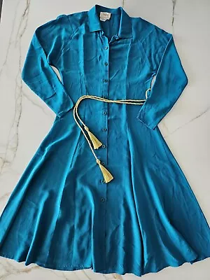 Vintage Ambria Turquoise Green 100% Silk Shirt Dress 8 • $35