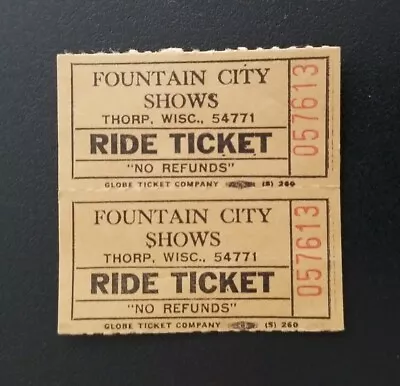 Amusements Fountain City Shows Vintage Ride Tickets ( 2 ) ~  Fair ~ Carnival  • $5.95