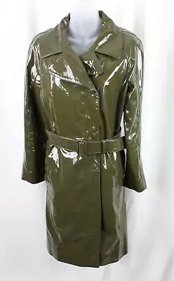 Prada Green Gray Patent Leather Full Snap Close Belted Trench Coat Jacket 40 6 • $199