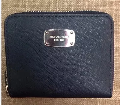 Michael Kors Jet Set Wallet Travel Zip Saffiano Leather Bifold Navy/Silver LOOK! • $27.77