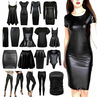 £7.35 • Buy Women Black Faux Leather Wet Look PVC Elastic Waist Leggings Stretch Tight Pant