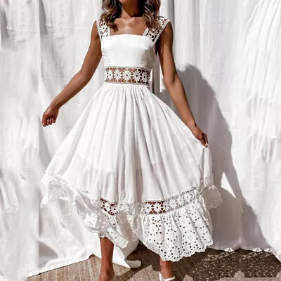 Women Ladies Boho Lace Maxi Dress Summer Casual Holiday Beach Long Sundress- • $26.58
