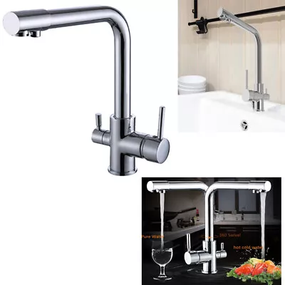 Kitchen Sink Faucet Chrome Pure Water Filter Dual Handle 3 Way Swivel Mixer Tap • £37.99