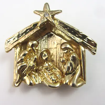 Vintage Christmas Nativity Manger Brooch Pin Gold Tone Metal • $13.59