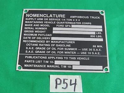 Data Plate Small Nomenclature Fits WWII Ford GPA Amphibious Jeep (P54) • $11.50