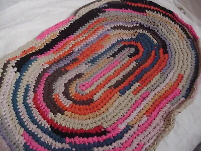 Vintage Braided Or Crochet Rag Rug  Pink Purple Blue Orange 38 In Long 25 Wide • $25