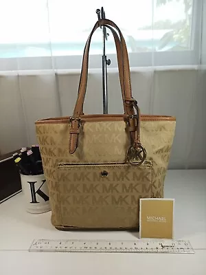 Michael Kors Jet Set Medium Beige Tan Travel Bag Jacquard Canvas Patent Leather • $55