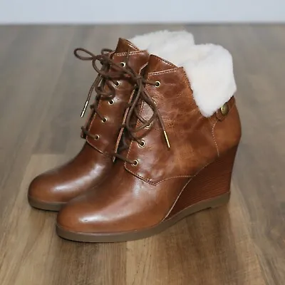 MICHAEL KORS Brown Leather Carrigan Wedge Lace-Up Fur Trim Booties Boots 10 NEW • $68.99