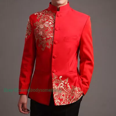 Men Red Tang Suit Chinese Wedding Suit Jacket Embroidery Pattern Jacket • $53.10