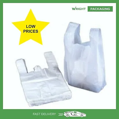 LARGE PLASTIC CARRIER BAGS - ** LOW PRICE ** 11x17x21 INCHES WHITE BAGS  (10mu) • £0.99