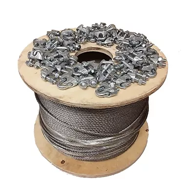 7 X 19 Galvanized Aircraft Cable Wire Rope 1/4  250 Ft With Cable Clamps Clips • $124.28