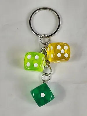Keychain Keyring Triple Dice Green Yellow Silver Tone Lucky Casino Games • $4.99