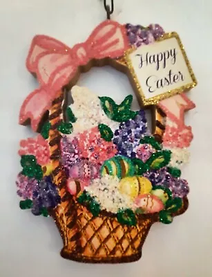 BASKET Of PURPLE PINK WHITE LILACS & EGGS * Glitter EASTER ORNAMENT * Vtg Img • $10.50