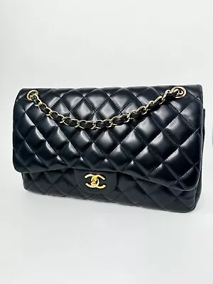 Chanel Jumbo Black Lambskin Classic Double Flap Handbag With Gold Hardware • $5500
