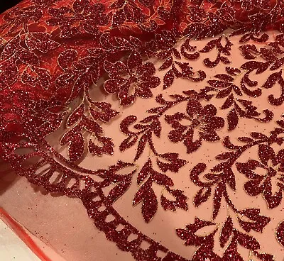 RED GOLD Floral Glitter Mesh Fabric 50  Width 1 Yard • $14.99