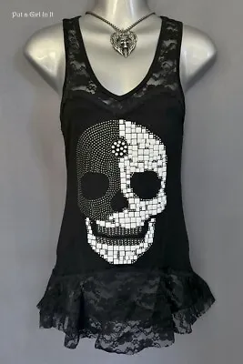 New VOCAL Womens CRYSTAL STUDDED BLACK WHITE LACE TUNIC TANK TOP S Small • $44.60