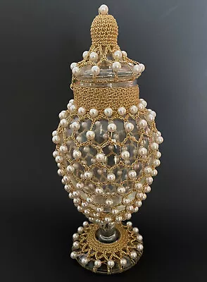 Vtg Glass Apothecary Jar With Lid Covered In Shiny Gold Crocheted Mesh & Pearls • $12