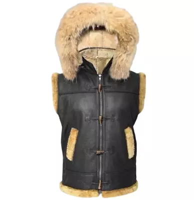 Men's Shearling Real Sheepskin Leather Black Vest Removable Fox Fur Edge Hood • $115