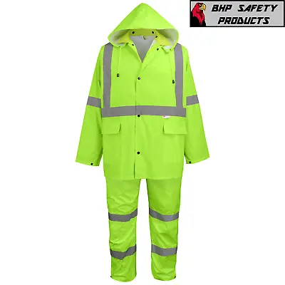 Yellow Safety Rain-suit  3 Piece Rain Jacket With Hoodie & Rain Pants Hi-Vis • $37.50