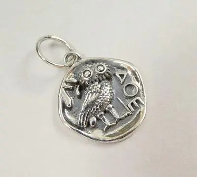 Sterling Silver Ancient Athena Owl Coin Organic Round Small Charm Pendant Unique • $14.50