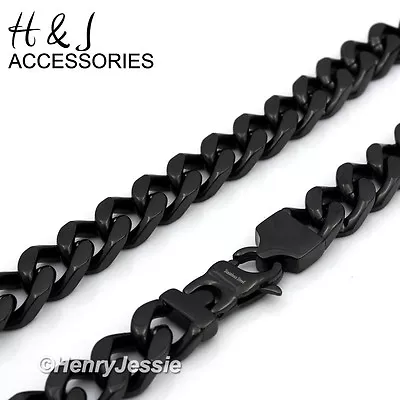 18-40 MEN Stainless Steel WIDE 11mm Black Plated Cuban Curb Link Chain Necklace • $21.99