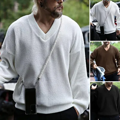 UK Mens V Neck Long Sleeve Casual Jumper Sweater Loose Fit Tops Solid Pullover • £20.89