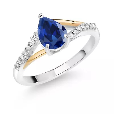 925 Sterling Silver And 10K Yellow Gold Pear Shape Created Sapphire And White • $147.99