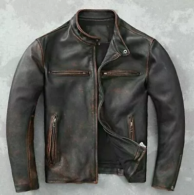 Men’s Motorcycle Biker Vintage Cafe Racer Distressed Brown Real Leather Jacket • $100